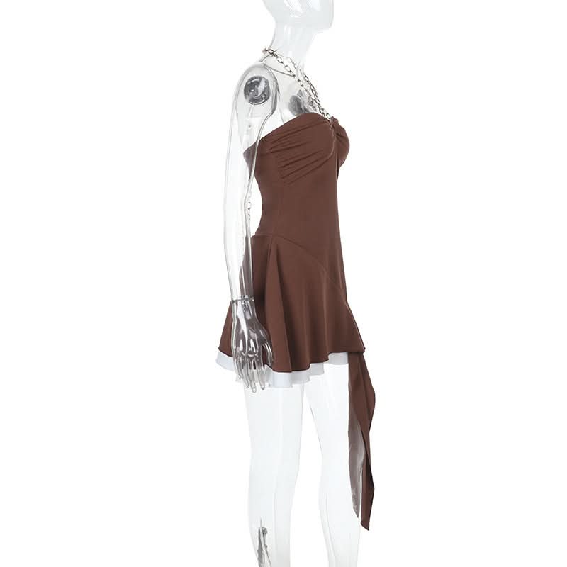 Fall Nights Out: Chic Mocha Chain Halter Asymmetric Ruffle Mini Dress