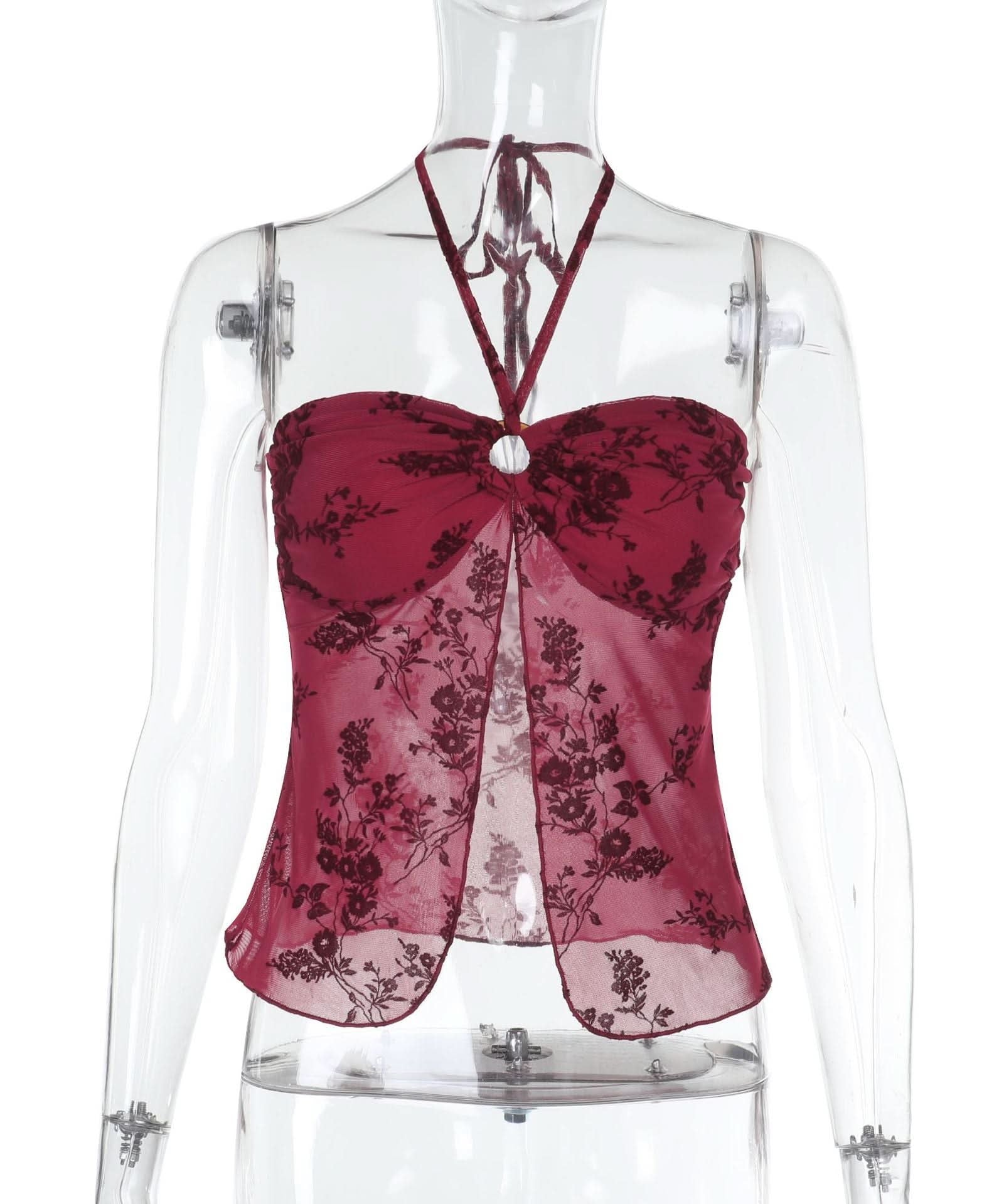 Autumnal Allure: Deep Red Velvet Floral Mesh Halter Top with O-Ring