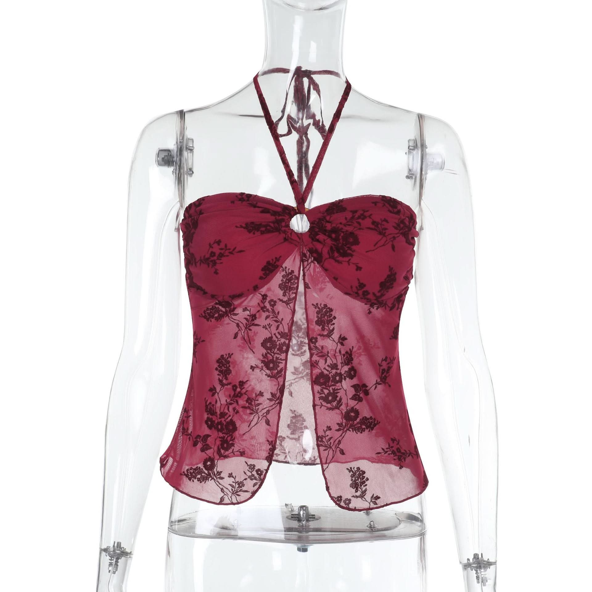 Autumnal Allure: Deep Red Velvet Floral Mesh Halter Top with O-Ring