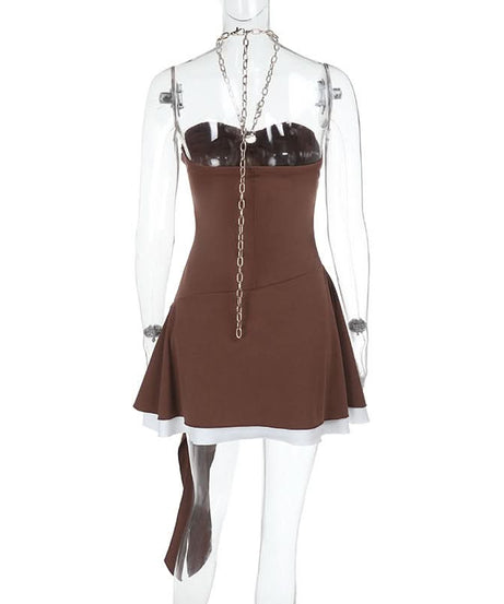 Fall Nights Out: Chic Mocha Chain Halter Asymmetric Ruffle Mini Dress
