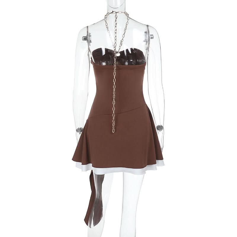 Fall Nights Out: Chic Mocha Chain Halter Asymmetric Ruffle Mini Dress