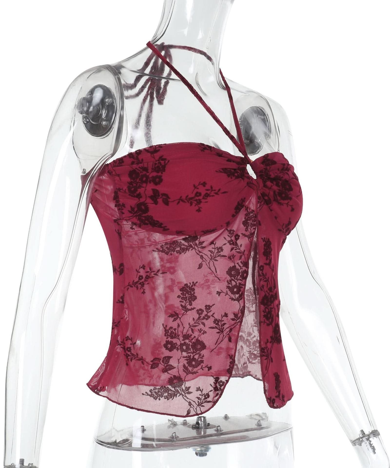 Autumnal Allure: Deep Red Velvet Floral Mesh Halter Top with O-Ring