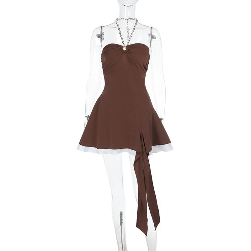 Fall Nights Out: Chic Mocha Chain Halter Asymmetric Ruffle Mini Dress