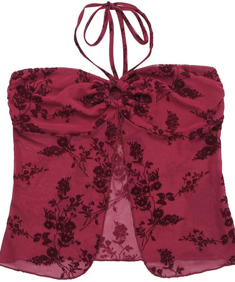 Autumnal Allure: Deep Red Velvet Floral Mesh Halter Top with O-Ring