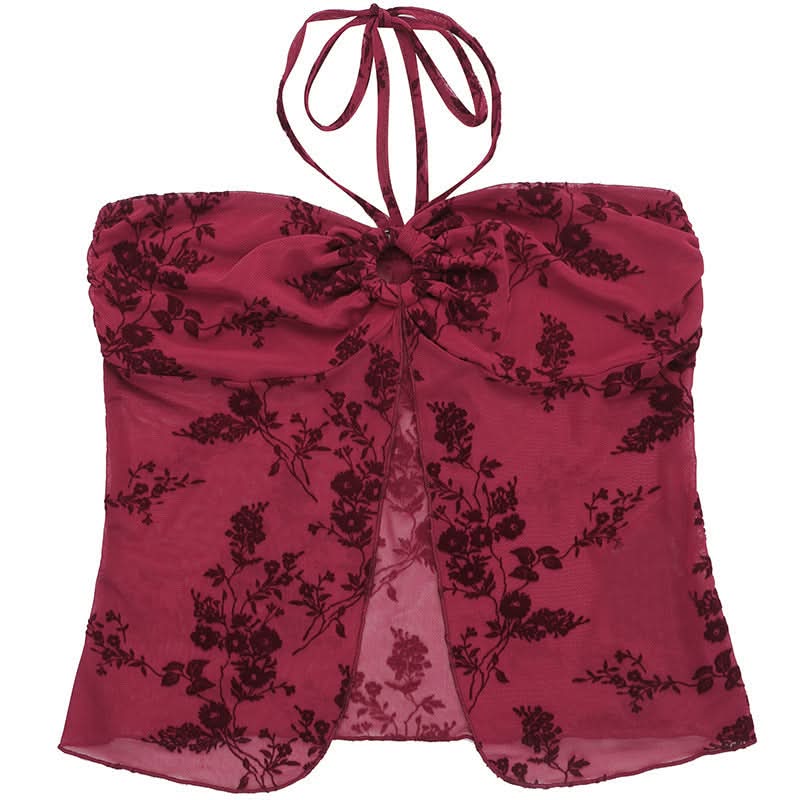 Autumnal Allure: Deep Red Velvet Floral Mesh Halter Top with O-Ring