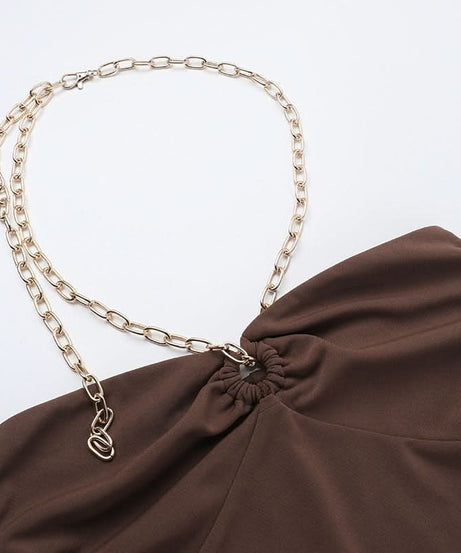 Fall Nights Out: Chic Mocha Chain Halter Asymmetric Ruffle Mini Dress