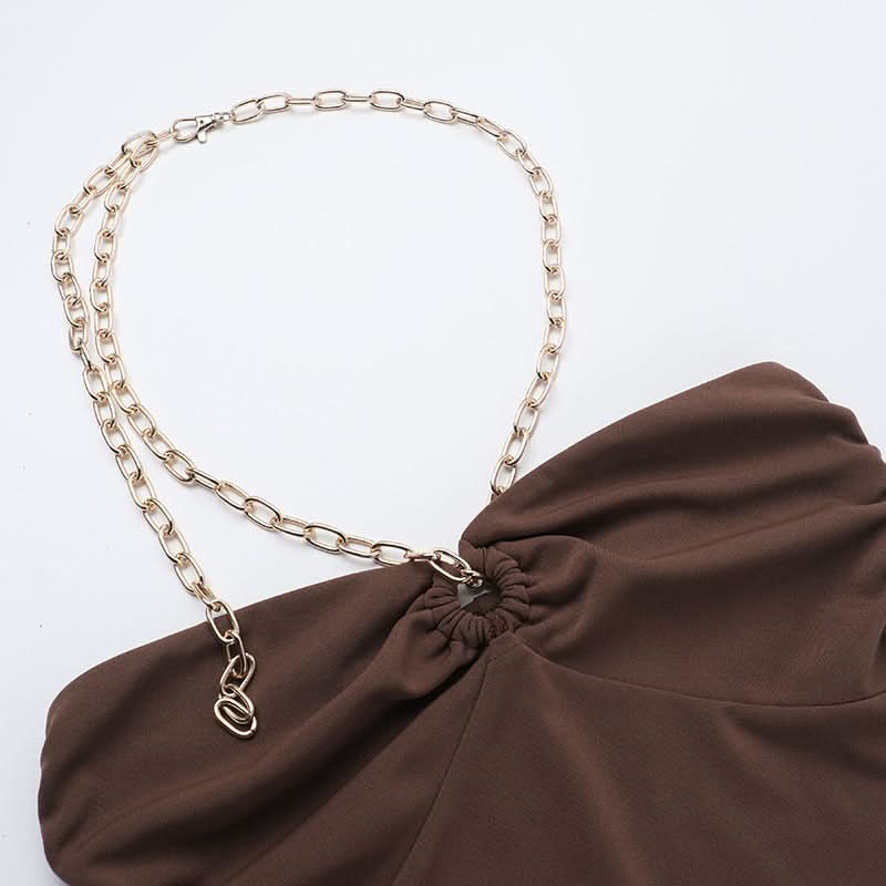Fall Nights Out: Chic Mocha Chain Halter Asymmetric Ruffle Mini Dress