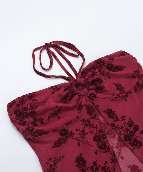 Autumnal Allure: Deep Red Velvet Floral Mesh Halter Top with O-Ring