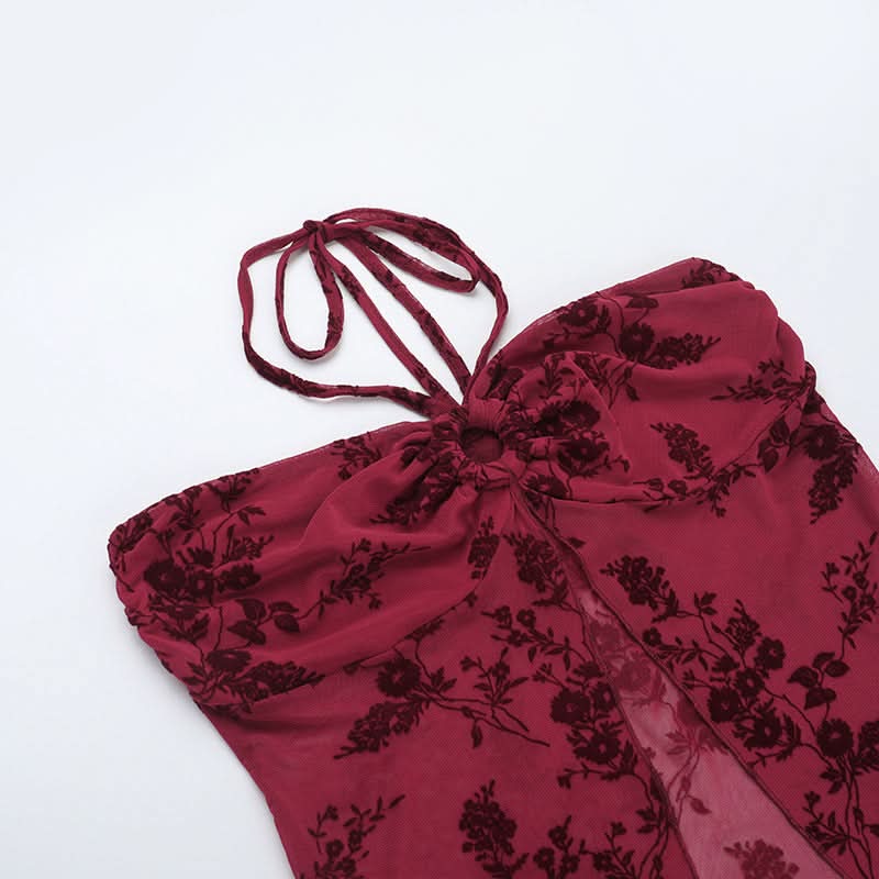 Autumnal Allure: Deep Red Velvet Floral Mesh Halter Top with O-Ring