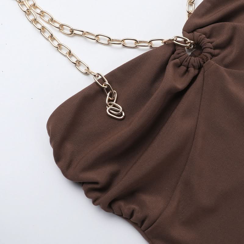 Fall Nights Out: Chic Mocha Chain Halter Asymmetric Ruffle Mini Dress