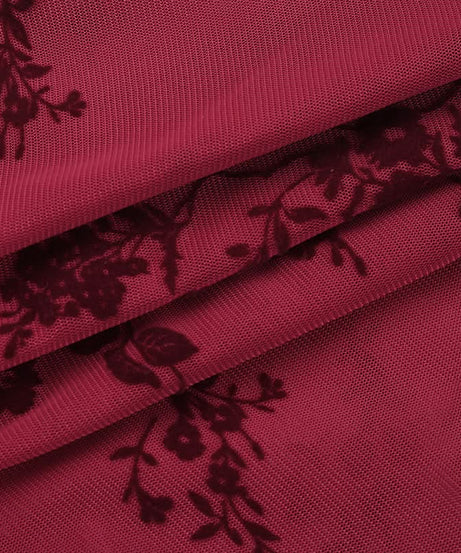 Autumnal Allure: Deep Red Velvet Floral Mesh Halter Top with O-Ring