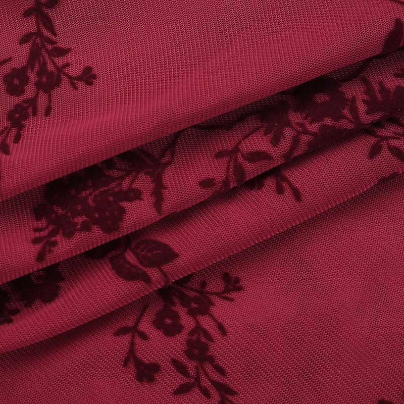 Autumnal Allure: Deep Red Velvet Floral Mesh Halter Top with O-Ring