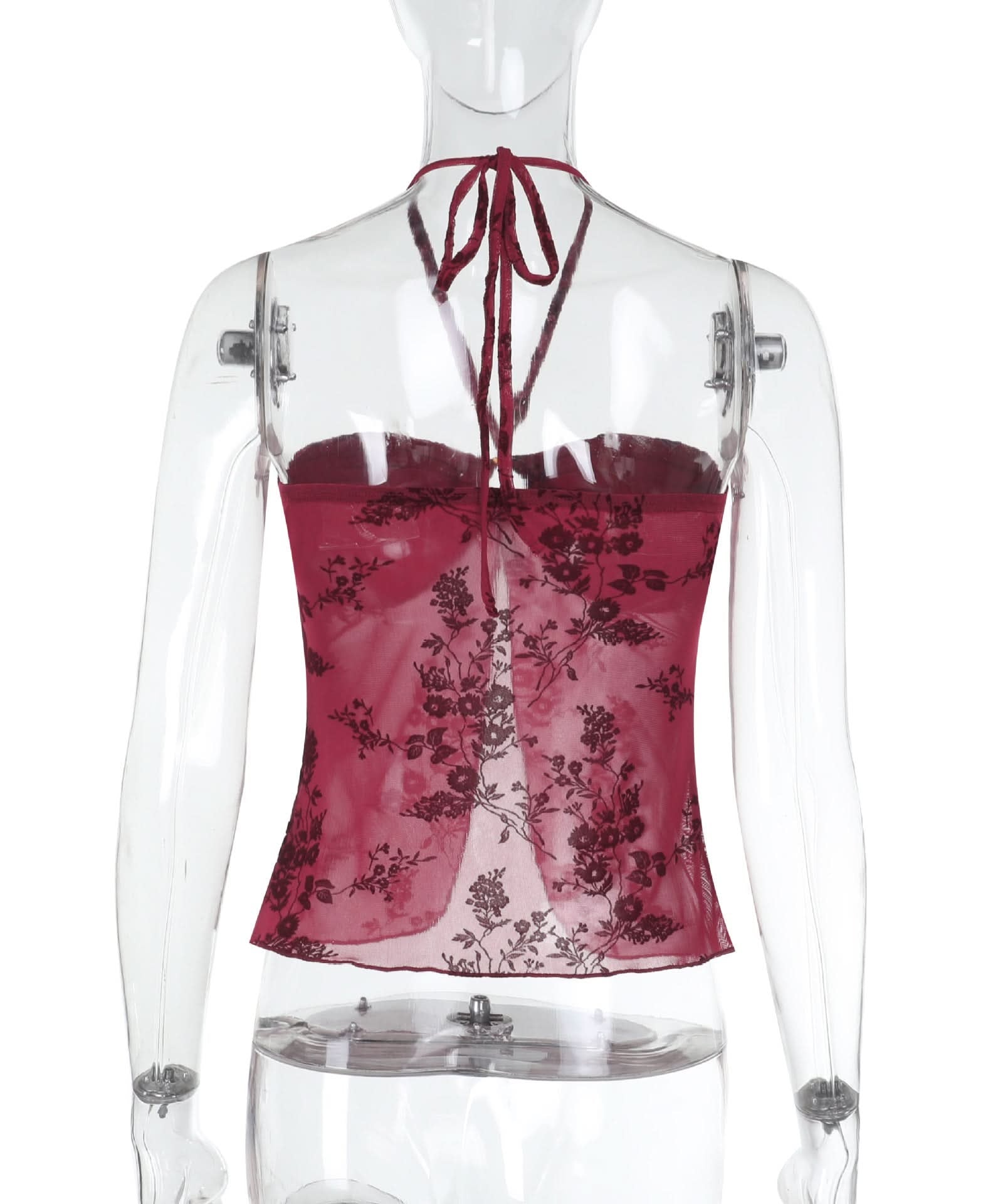 Autumnal Allure: Deep Red Velvet Floral Mesh Halter Top with O-Ring