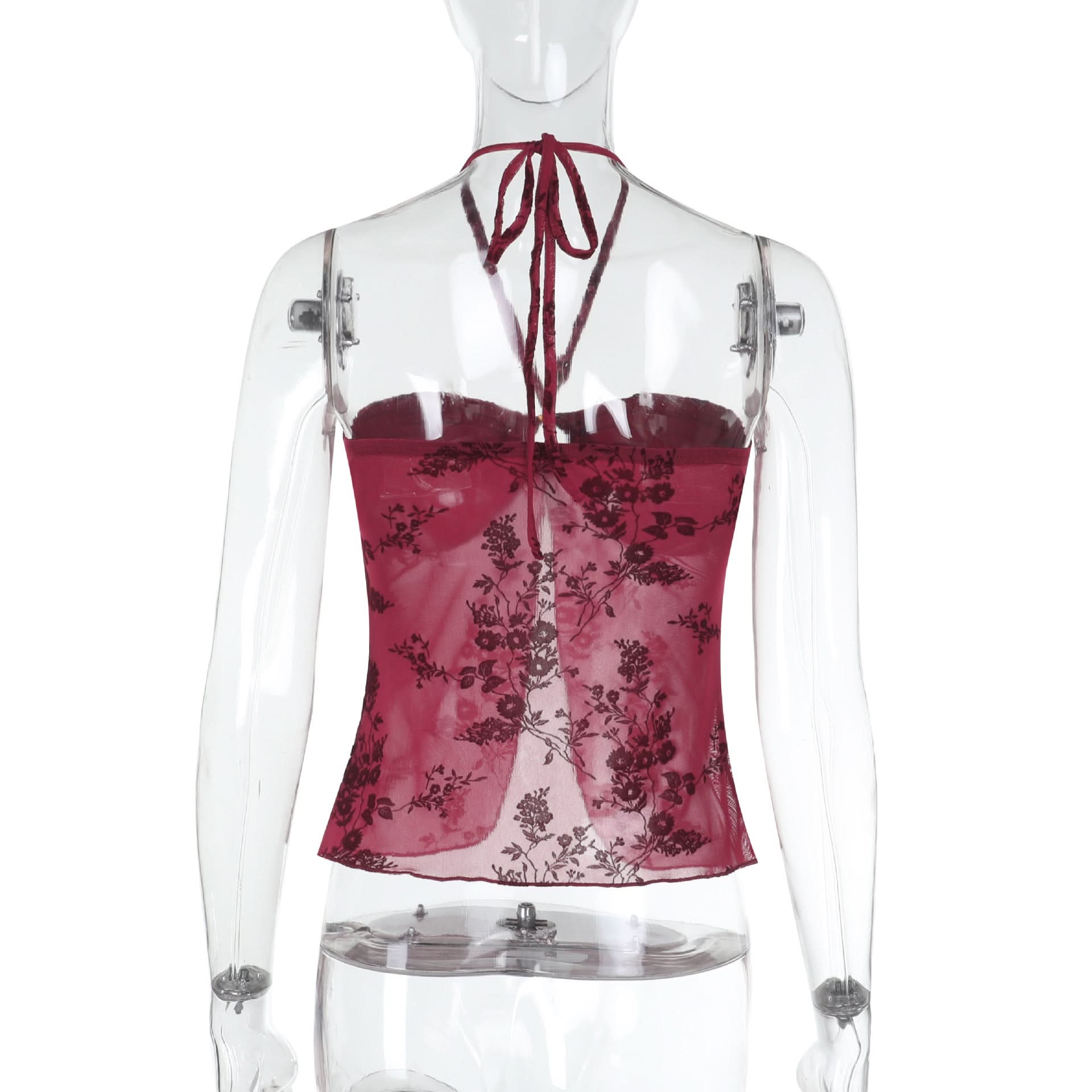 Autumnal Allure: Deep Red Velvet Floral Mesh Halter Top with O-Ring