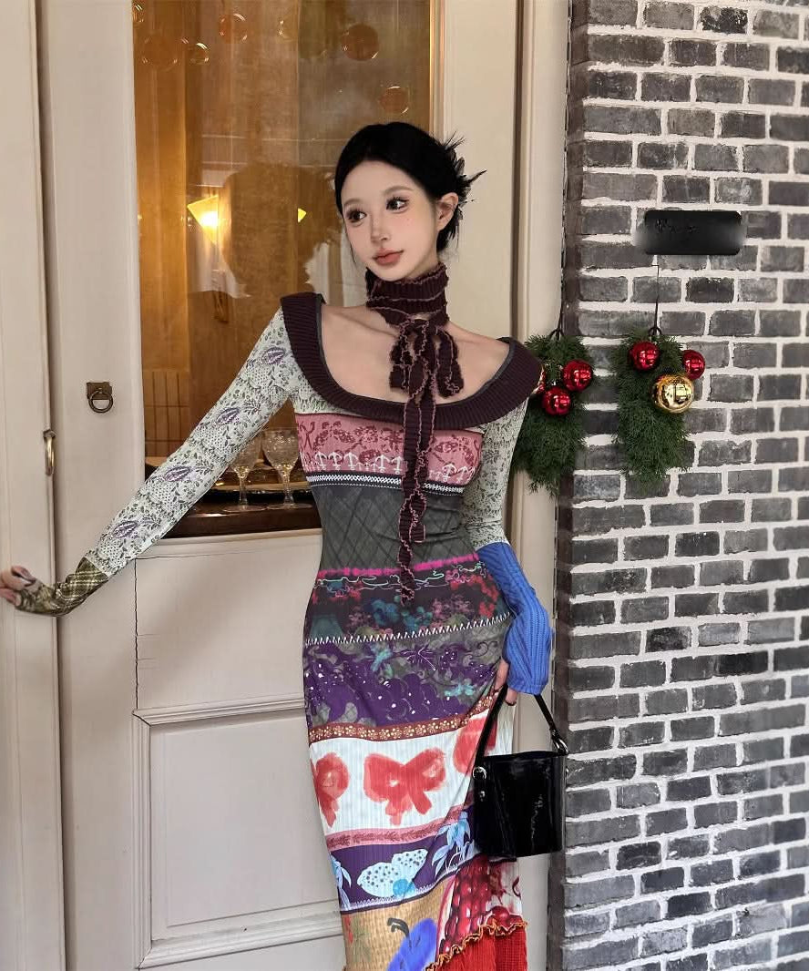 Fall Eclectic Patchwork Maxi Dress with Chic Bowknot: Vintage-Inspired Autumn Style