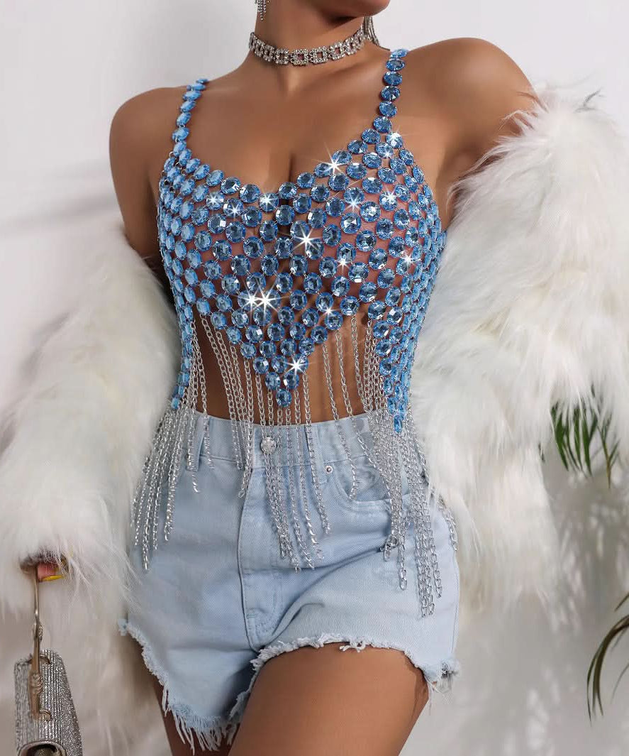 Dazzling Blue Crystal Chain Fringe Crop Top - Holiday Party & NYE Glam