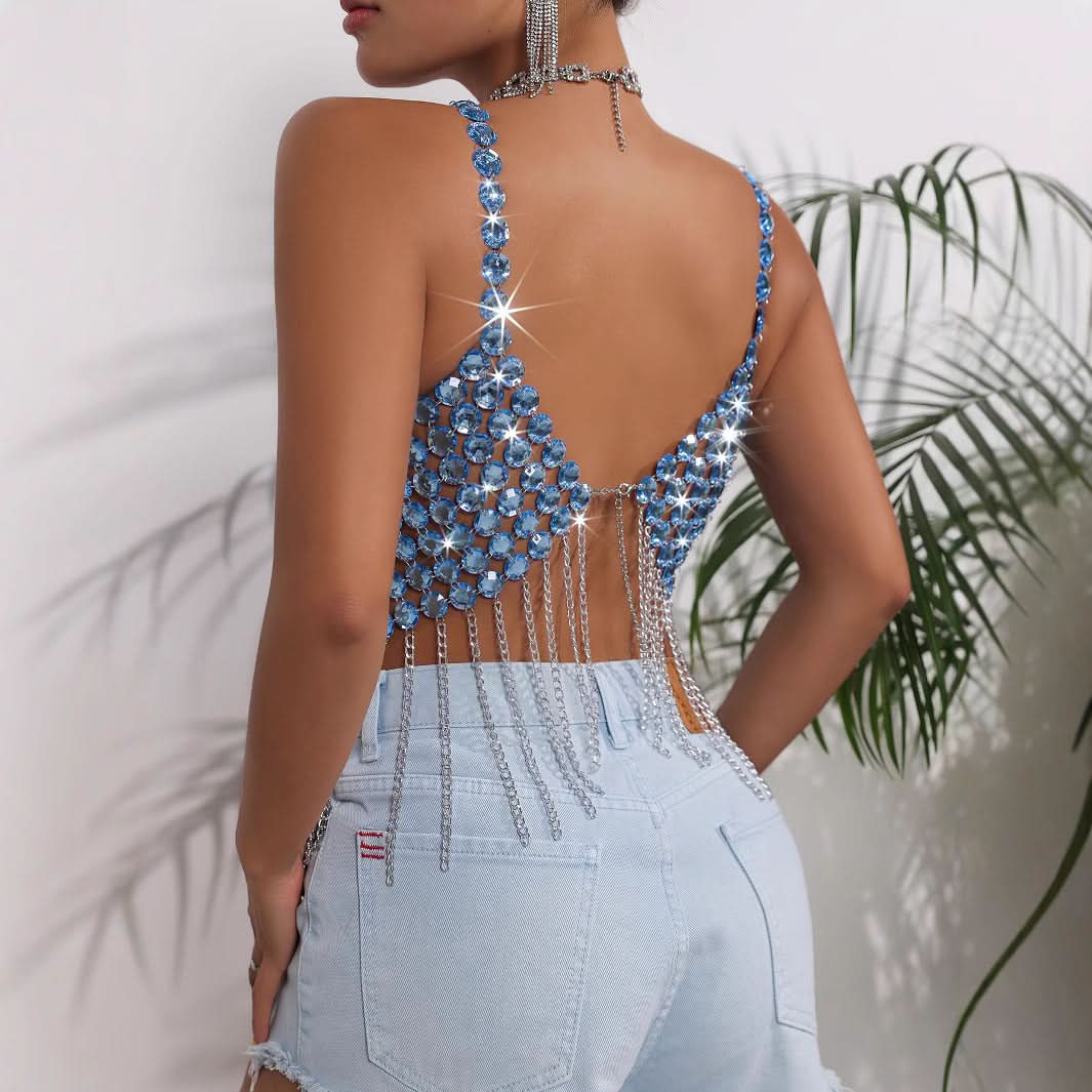 Dazzling Blue Crystal Chain Fringe Crop Top - Holiday Party & NYE Glam