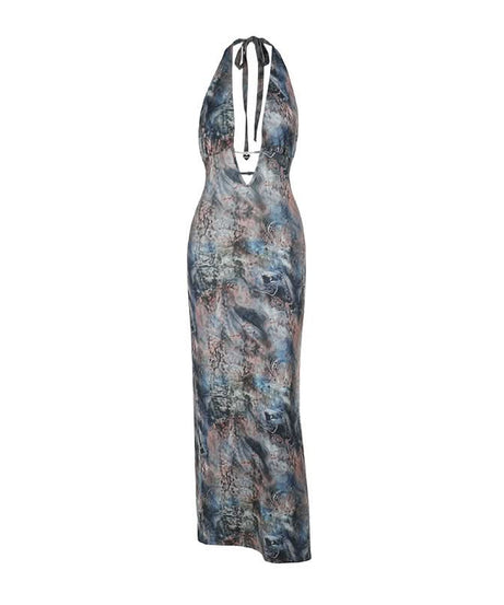 Mesmerizing Marbled Halter Maxi Dress - Deep V-Neck | Perfect for Fall Events & Holiday Getaways