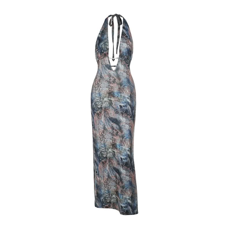 Mesmerizing Marbled Halter Maxi Dress - Deep V-Neck | Perfect for Fall Events & Holiday Getaways