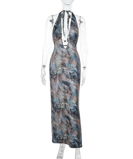 Mesmerizing Marbled Halter Maxi Dress - Deep V-Neck | Perfect for Fall Events & Holiday Getaways