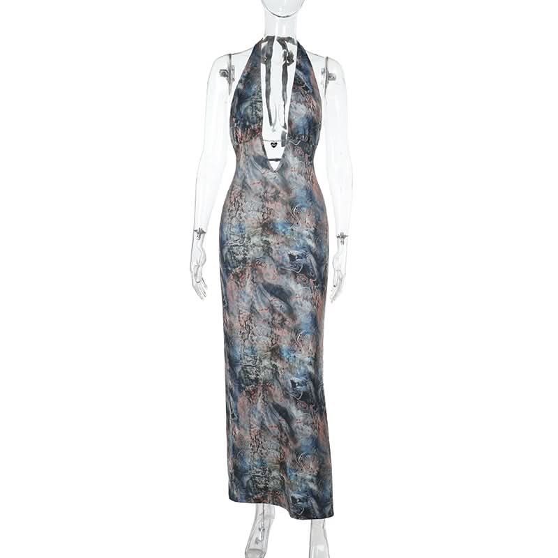 Mesmerizing Marbled Halter Maxi Dress - Deep V-Neck | Perfect for Fall Events & Holiday Getaways