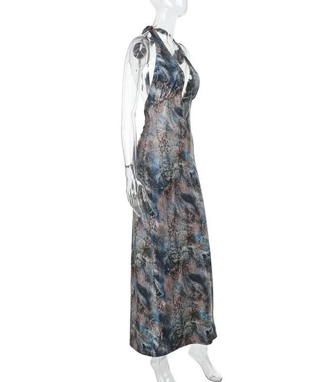 Mesmerizing Marbled Halter Maxi Dress - Deep V-Neck | Perfect for Fall Events & Holiday Getaways