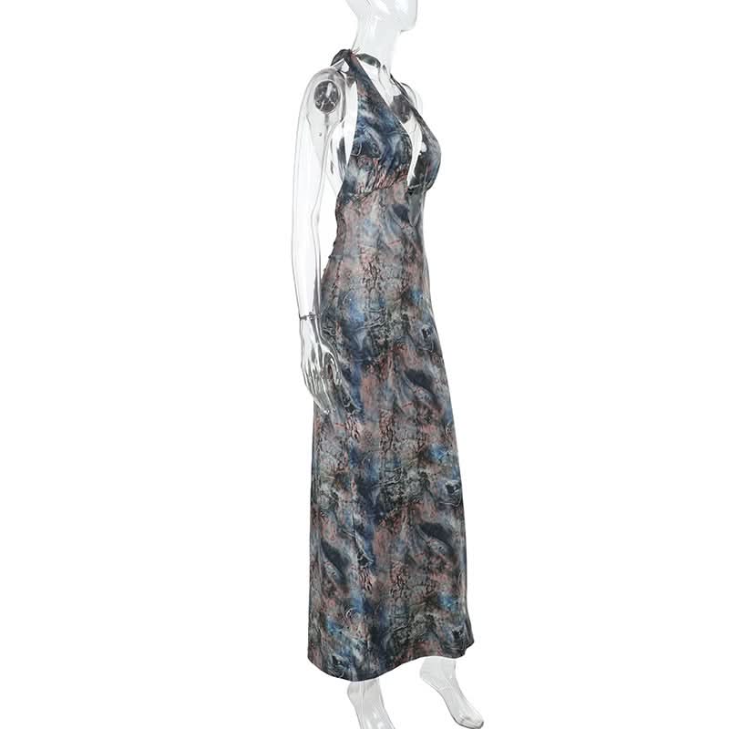 Mesmerizing Marbled Halter Maxi Dress - Deep V-Neck | Perfect for Fall Events & Holiday Getaways