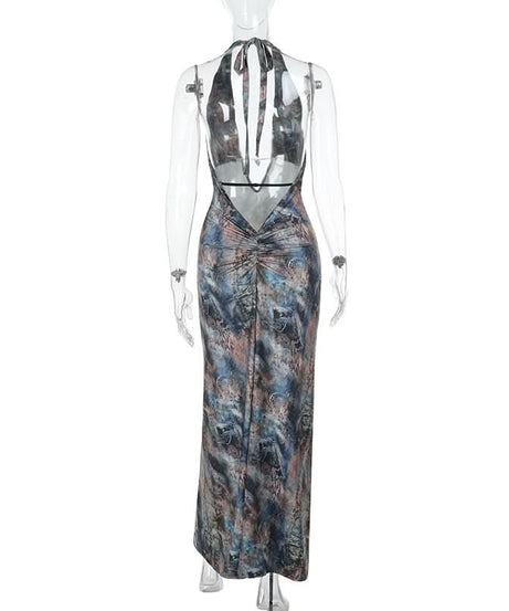 Mesmerizing Marbled Halter Maxi Dress - Deep V-Neck | Perfect for Fall Events & Holiday Getaways
