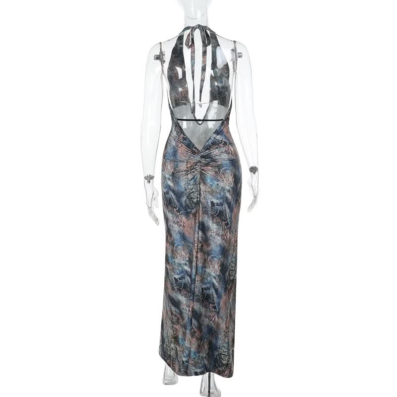 Mesmerizing Marbled Halter Maxi Dress - Deep V-Neck | Perfect for Fall Events & Holiday Getaways