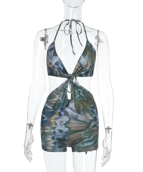 Halter Cutout Butterfly Print Romper - Your Tropical Escape & Festival Statement
