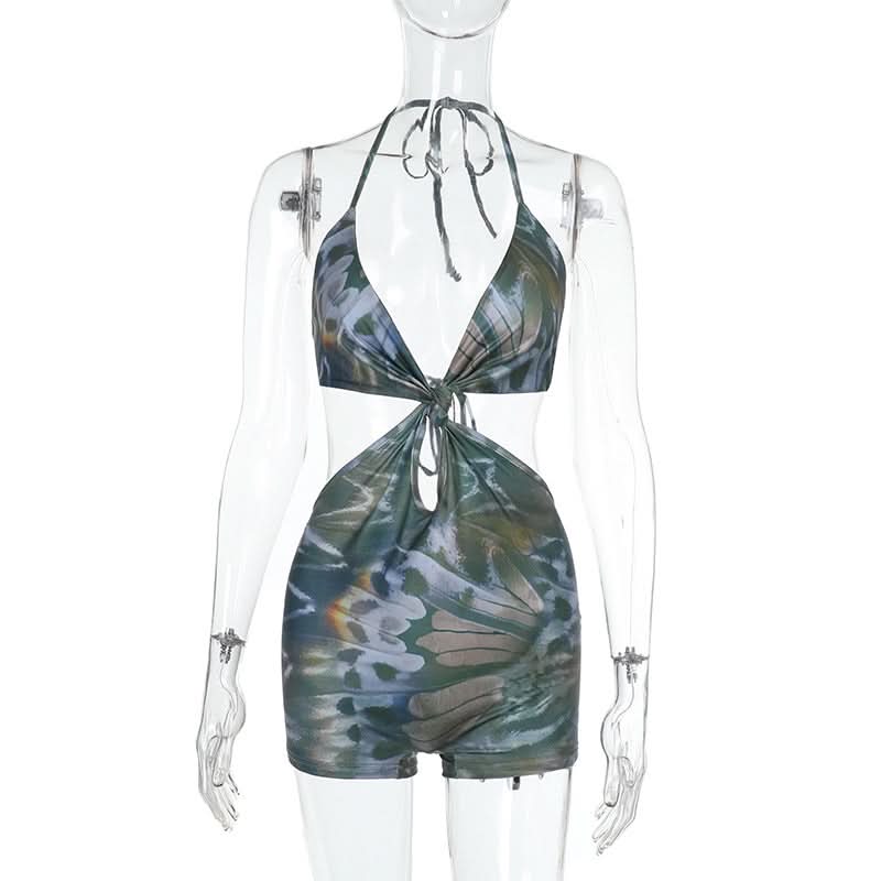 Halter Cutout Butterfly Print Romper - Your Tropical Escape & Festival Statement