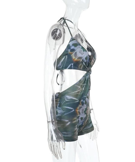 Halter Cutout Butterfly Print Romper - Your Tropical Escape & Festival Statement