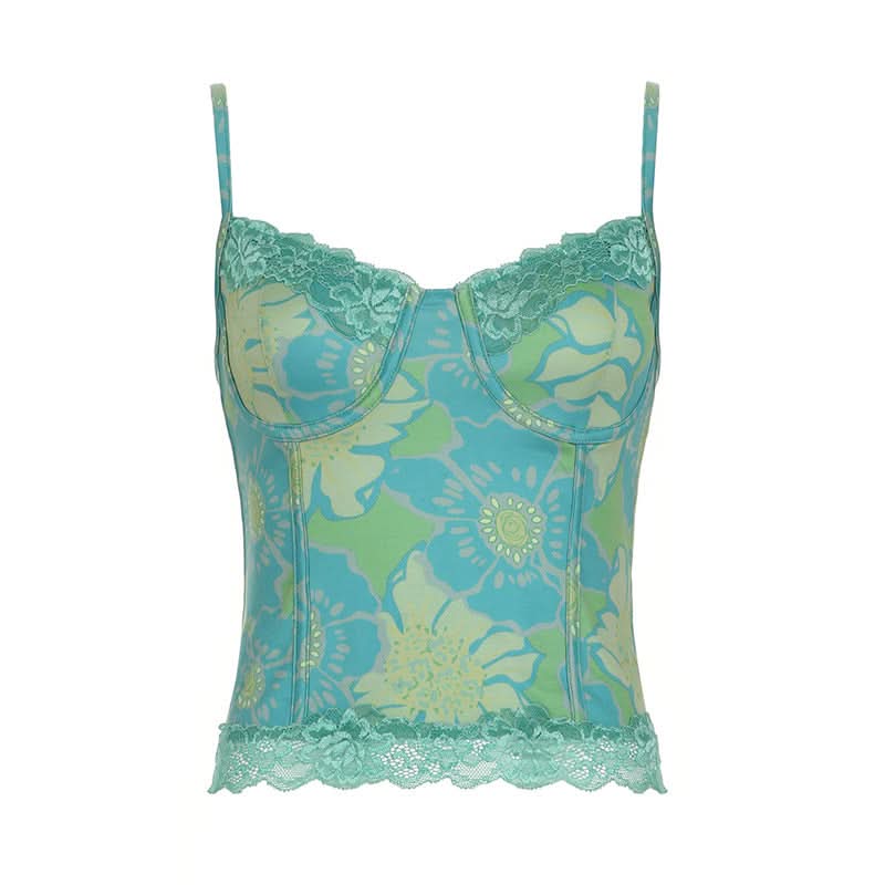 Y2K Floral Mesh Corset Top - Chic Lace Bustier Cami for Fall Layering