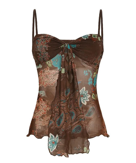 Y2K Fall Floral Mesh Cami Top - Brown Sheer Spaghetti Strap Blouse for Effortless Style