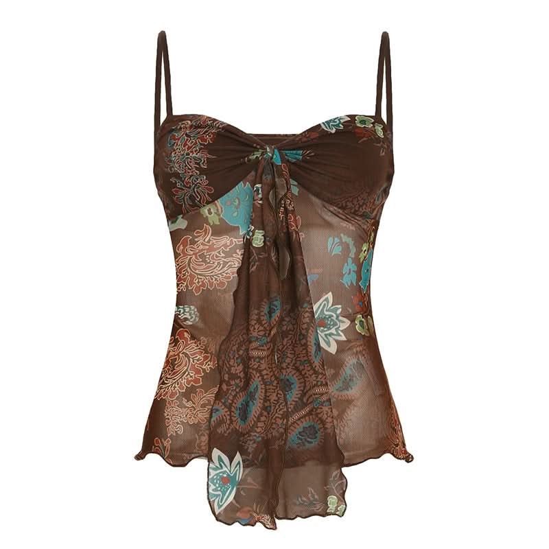 Y2K Fall Floral Mesh Cami Top - Brown Sheer Spaghetti Strap Blouse for Effortless Style