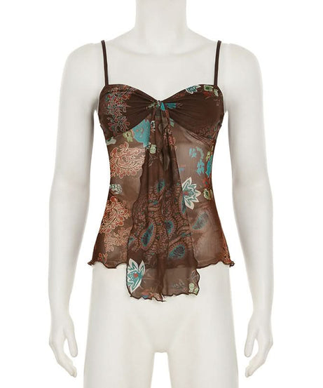 Y2K Fall Floral Mesh Cami Top - Brown Sheer Spaghetti Strap Blouse for Effortless Style