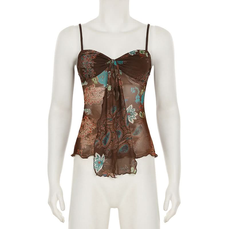 Y2K Fall Floral Mesh Cami Top - Brown Sheer Spaghetti Strap Blouse for Effortless Style