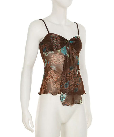 Y2K Fall Floral Mesh Cami Top - Brown Sheer Spaghetti Strap Blouse for Effortless Style