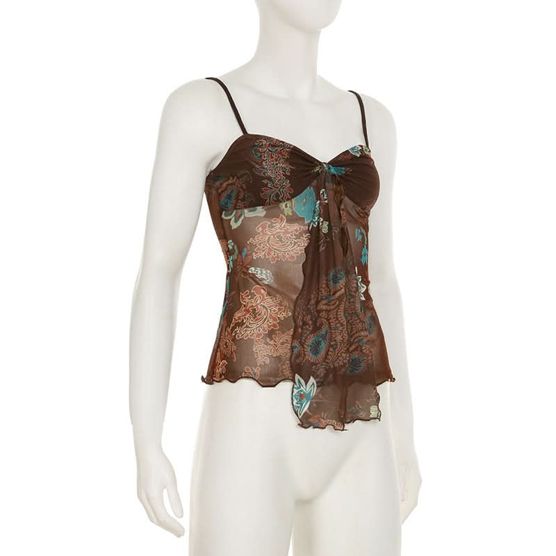 Y2K Fall Floral Mesh Cami Top - Brown Sheer Spaghetti Strap Blouse for Effortless Style