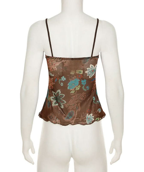 Y2K Fall Floral Mesh Cami Top - Brown Sheer Spaghetti Strap Blouse for Effortless Style