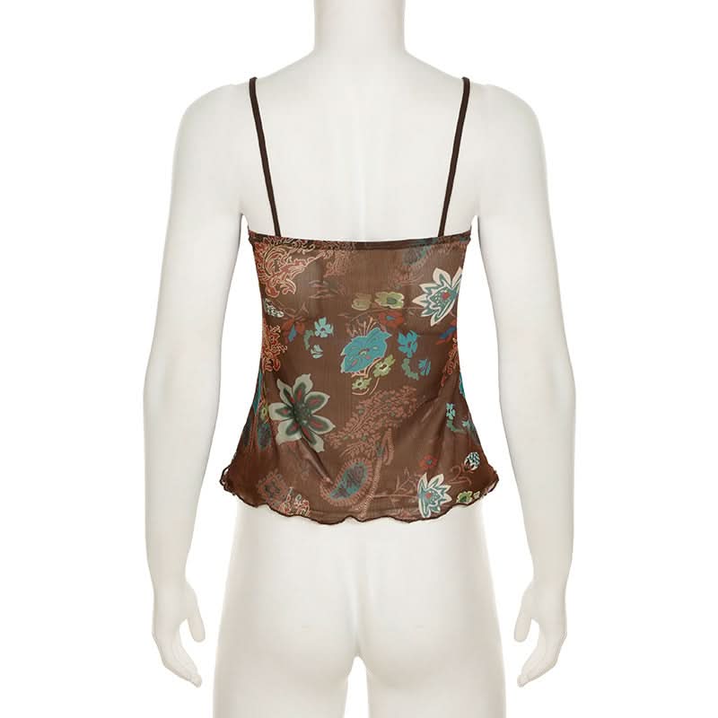 Y2K Fall Floral Mesh Cami Top - Brown Sheer Spaghetti Strap Blouse for Effortless Style