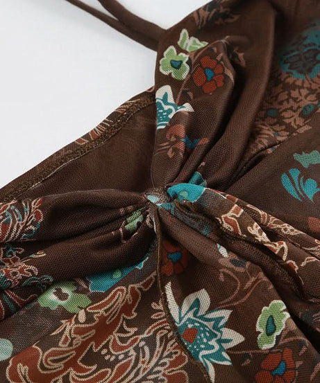 Y2K Fall Floral Mesh Cami Top - Brown Sheer Spaghetti Strap Blouse for Effortless Style