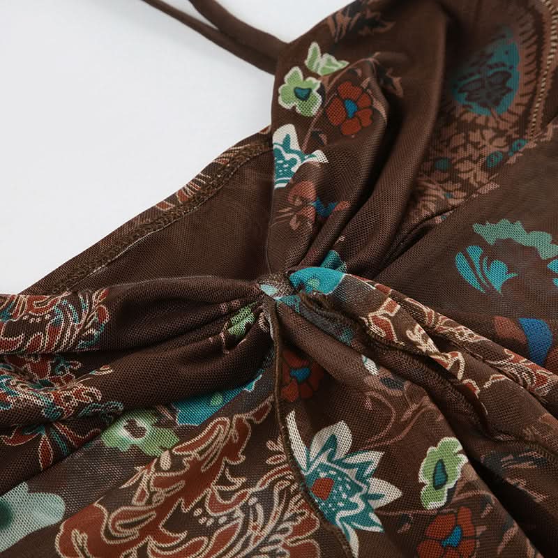 Y2K Fall Floral Mesh Cami Top - Brown Sheer Spaghetti Strap Blouse for Effortless Style