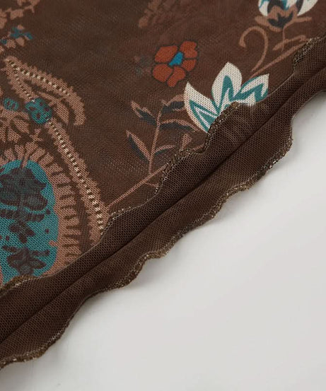 Y2K Fall Floral Mesh Cami Top - Brown Sheer Spaghetti Strap Blouse for Effortless Style