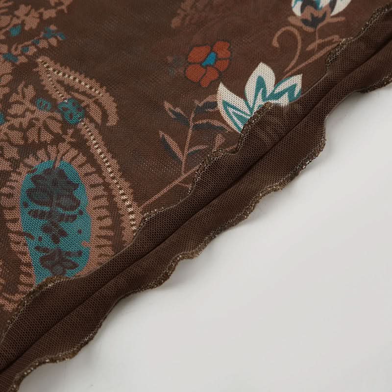 Y2K Fall Floral Mesh Cami Top - Brown Sheer Spaghetti Strap Blouse for Effortless Style