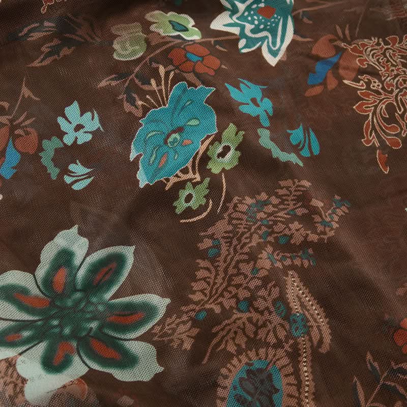 Y2K Fall Floral Mesh Cami Top - Brown Sheer Spaghetti Strap Blouse for Effortless Style