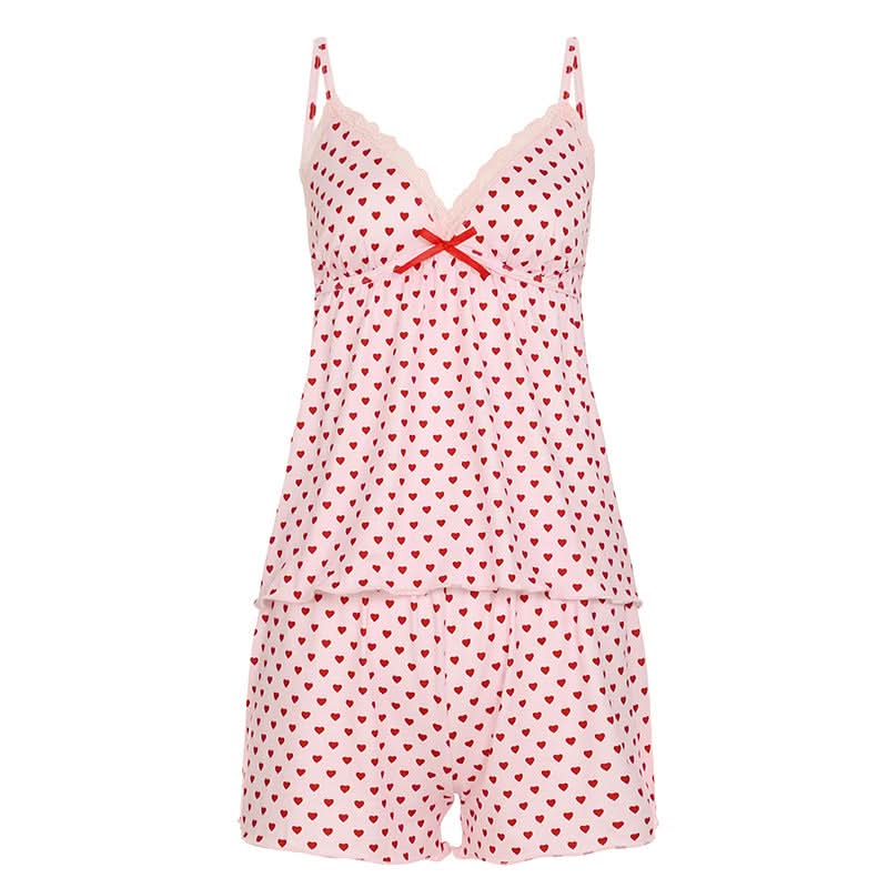 Sweetheart Pink Heart Print Cami & Shorts Pajama Set – Cozy Loungewear for Fall Nights & Gifting