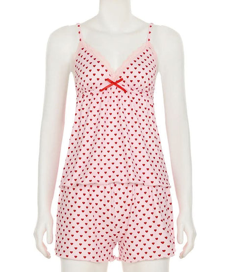 Sweetheart Pink Heart Print Cami & Shorts Pajama Set – Cozy Loungewear for Fall Nights & Gifting