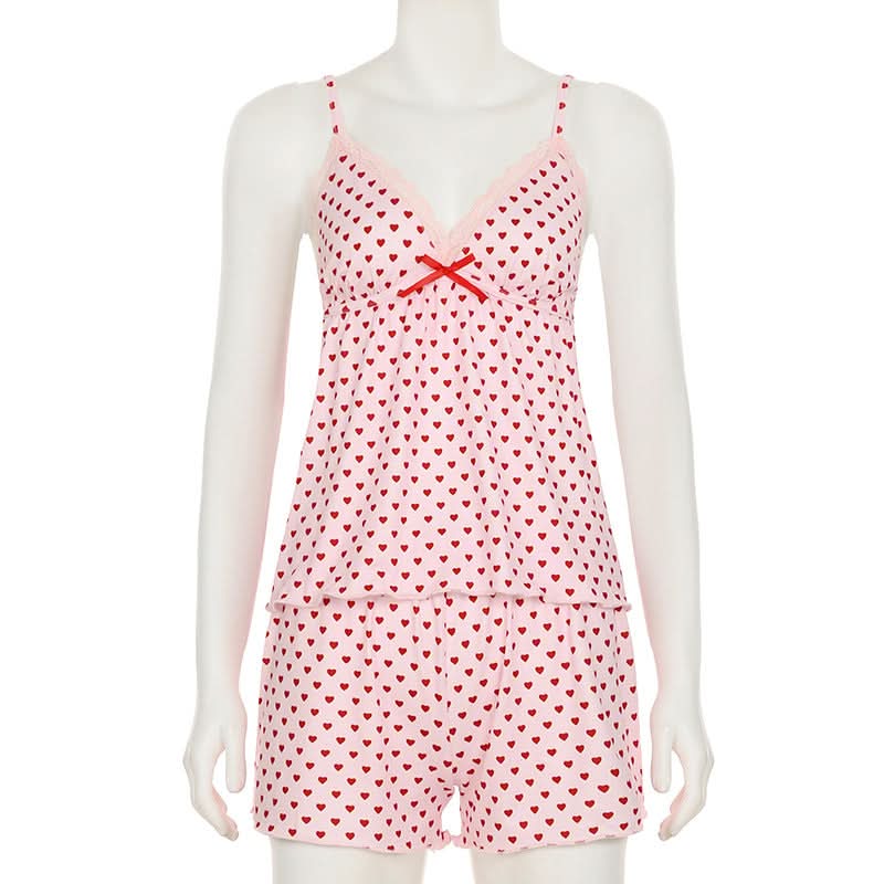 Sweetheart Pink Heart Print Cami & Shorts Pajama Set – Cozy Loungewear for Fall Nights & Gifting
