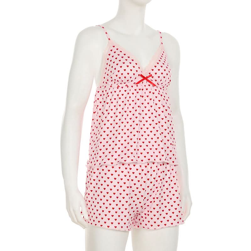Sweetheart Pink Heart Print Cami & Shorts Pajama Set – Cozy Loungewear for Fall Nights & Gifting